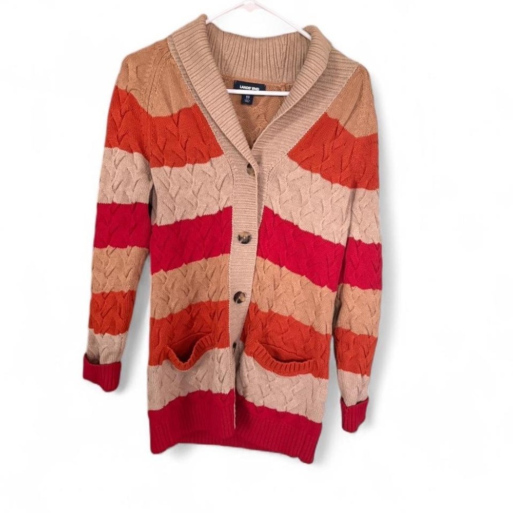 Lands End Colorful Striped Fisherman‎ Cardigan Sweater Sz XS Orange Pink